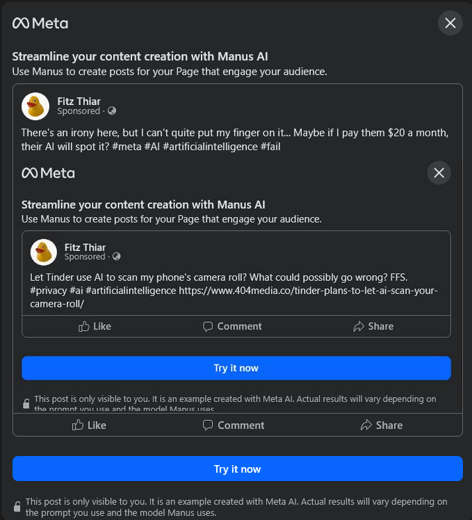 Meta recursively recommending Manus AI on an anti-AI post